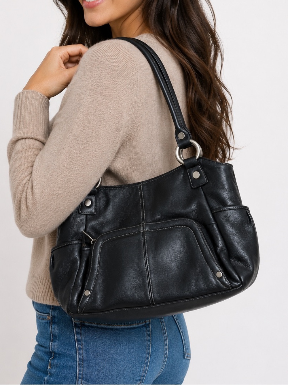 Tignanello Black Pebbled Leather Shoulder Bag Purse Tote Silver Hardware